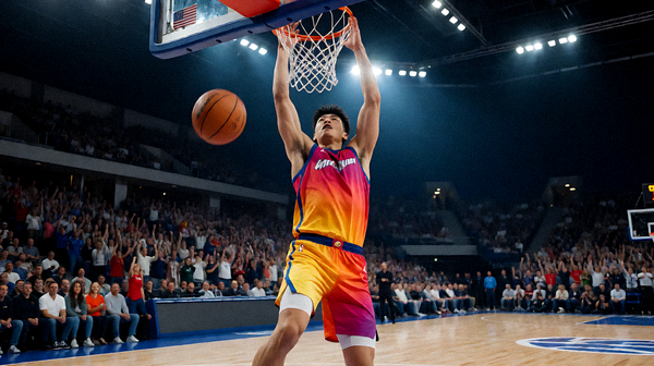 篮球比赛NBA球员扣篮瞬间球场灯光观众欢呼V体育篮球赛事服务场景