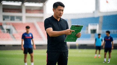 足球教练在场边指挥战术，手持战术板讲解阵型